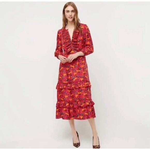 J. Crew Collection Dress Size 2 Silk Tiered Ruffle In Jungle Cat Print Midi Boho - Picture 1 of 16